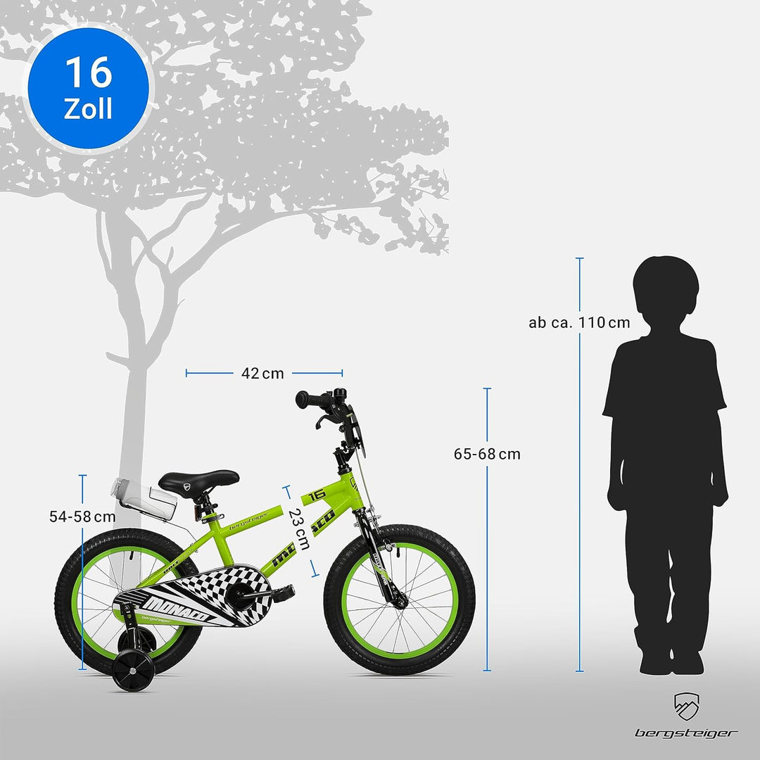 Bergsteiger Monaco 16 Zoll Kinderfahrrad, geeignet für 4, 5, 6 Jahre, BMX, Stützräder, Rücktrittbrem