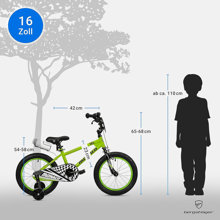 Bergsteiger Monaco 16 Zoll Kinderfahrrad, geeignet für 4, 5, 6 Jahre, BMX, Stützräder, Rücktrittbrem
