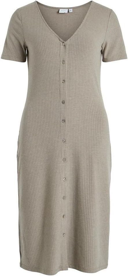 Vila Damen Vifelia Button S/S Midi Dress/Su-Noos Midikleid XXL Walnut/Detail:melange, XXL Walnut/Det