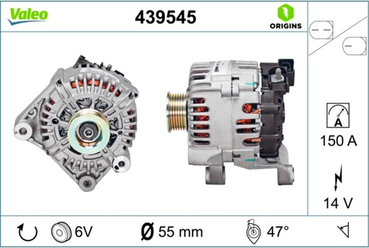 VALEO 439545 Generator Ladestrom des Generators: 150 Amp Rippen: 6 rippen Riemenscheibe Ø: 54,8 mm S