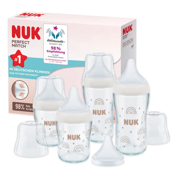 NUK Perfect Match Glas-Babyflaschenset | Ab 6 Mon. | Passt sich dem Baby an | Temperature Control |