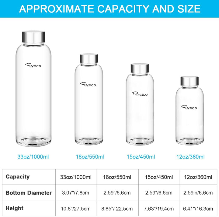 Ryaco Trinkflasche aus Glas 550ml/750ml/1000ml/1L,Glasflasche mit Neoprenhülle,Glastrinkflasche mit