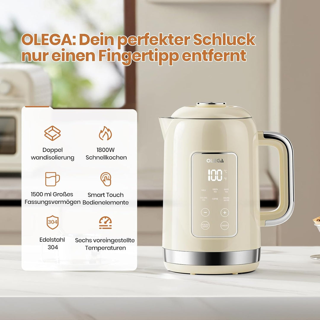 OLEGA Wasserkocher: 1800 W Wasserkocher mit Temperaturregelung, 1,5 l Fassungsvermögen, Edelstahl, S