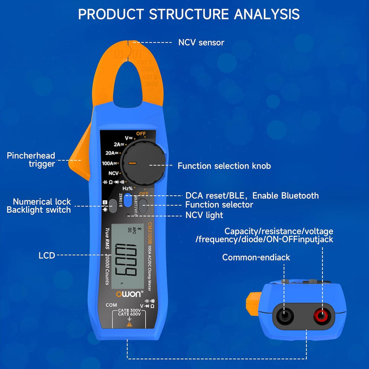 OWON CM2100B Digital Zangenmessgerät Bluetooth Automatische Bereichswahl 20000 Zählungen AC/DC-Wider