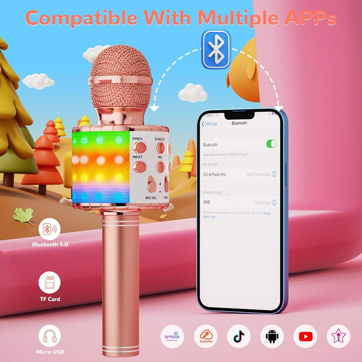Magic Sing LED Karaoke Mikrofon Kinder, Drahtloses Bluetooth Spielzeug ab 3-12 Jahre Geschenk Mädche