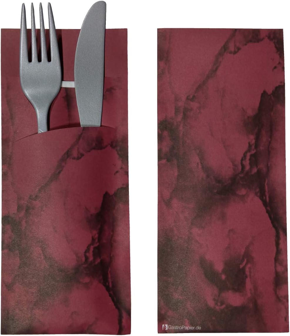 520 Bestecktaschen mit Serviette bordeaux marmoriert 20 cm 520 Stück Bordeaux, 520 Stück Bordeaux