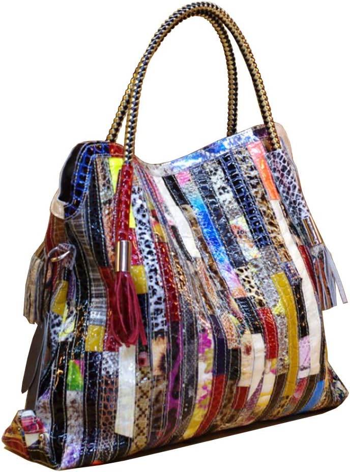 Damen Multicolor Einkaufstasche Echtes Leder Handtasche Bunte Patchwork Grosse Umhängetasche Shopper