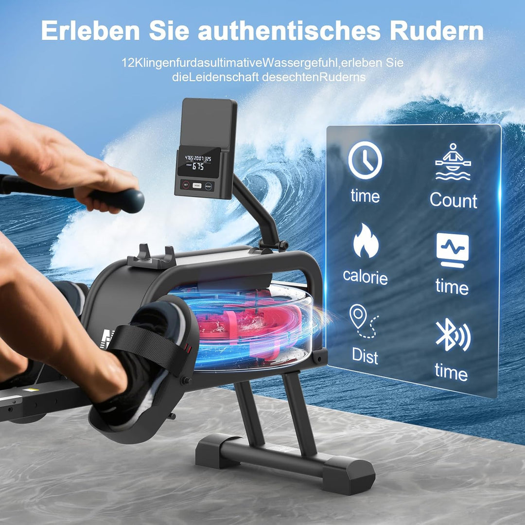 Rudergerät für Zuhause, Rudergerät Wasser 150kg Gewichtskapazität, Rudergerat Wasser mit Bluetooth-F