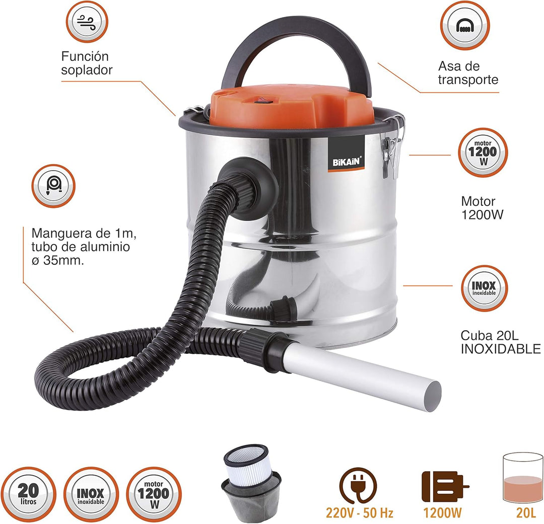 Bikain di1200inox – Aschesauger 1200 W, 20 L, Kuba Edelstahl Farbe Silber