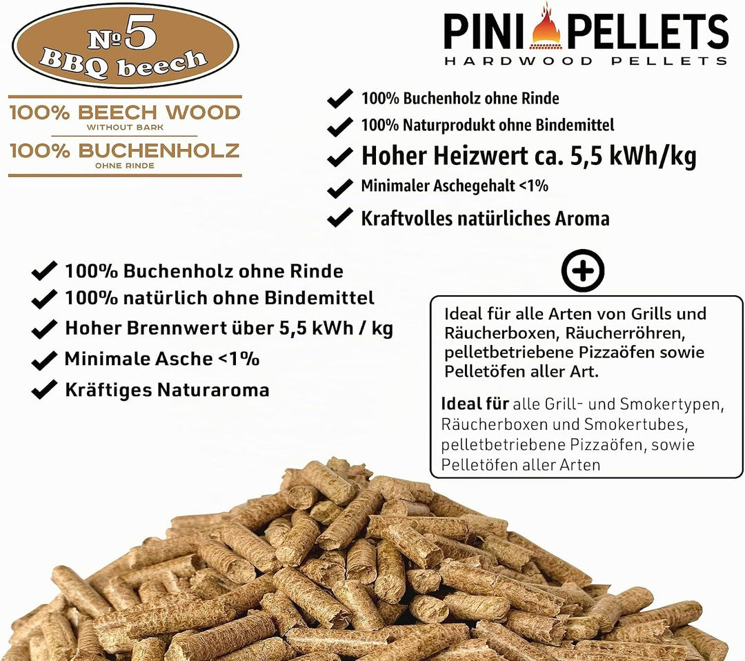 PINI Hartholz Pellets 100% Buche № 5 BBQ Beech 15 Kg Grillpellets zum Grillen Räuchern Smoken