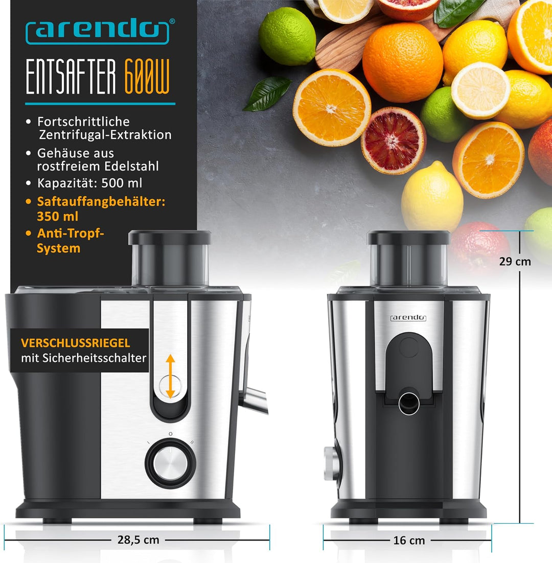 Arendo - Entsafter Edelstahl Obst und Gemüse - Zentrifugaler Entsafter - elektrisch - 2 Geschwindigk