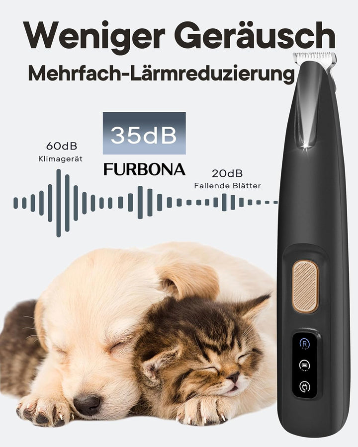 FURBONA Pfotentrimmer für Hunde & Katzen mit LED-Licht – 18 mm breite Klinge, 35 dB leise, LED-Anzei