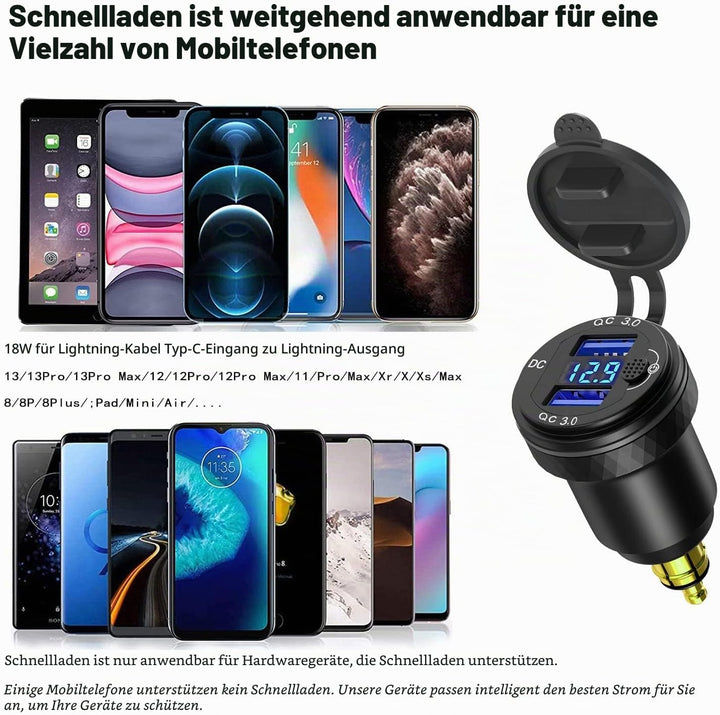 DIN Powerlet Stecker auf Dual Quick Charge 3.0 USB Ladeadapter mit Voltmeter und Schalter für Motorr