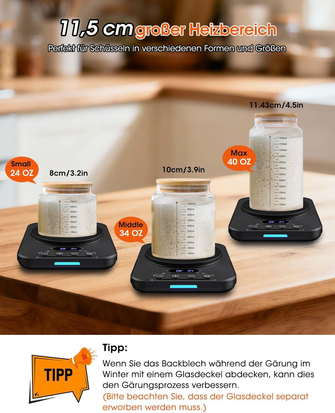 Sauerteigstarterwärmer, Wärmeplatte Präzise 1℃ Thermostat (21-43℃), 24H Timer, Automatische EIN/Aus-