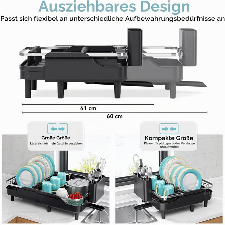 Urackify Ausziehbares Abtropfgestell, Schwarz | 32-52CM, Edelstahl, Grosszügiger Geschirrabtropfgest
