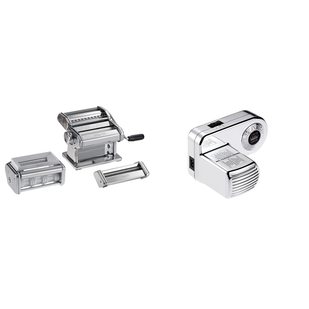 Marcato Pasta Set mit zwei Nudelwalzen (Ravioli, Spaghetti), GS-PASTASET & Pastadrive-Motor, Silber