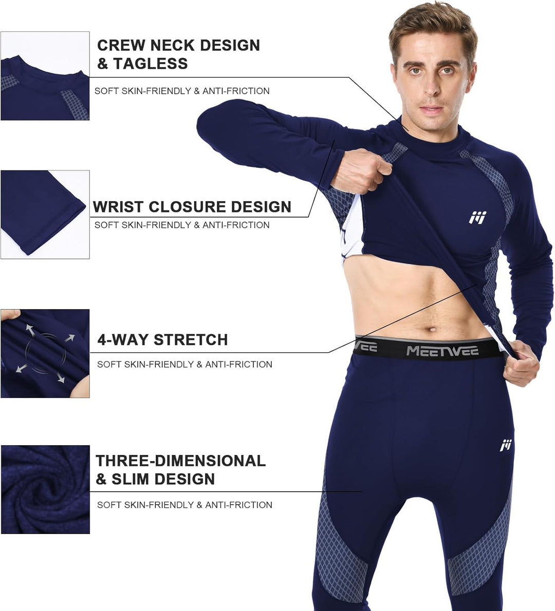 Herren Thermounterwäsche Funktionsunterwäsche Atmungsaktiv Thermo Unterwäsche Baselayer-Set, Blau