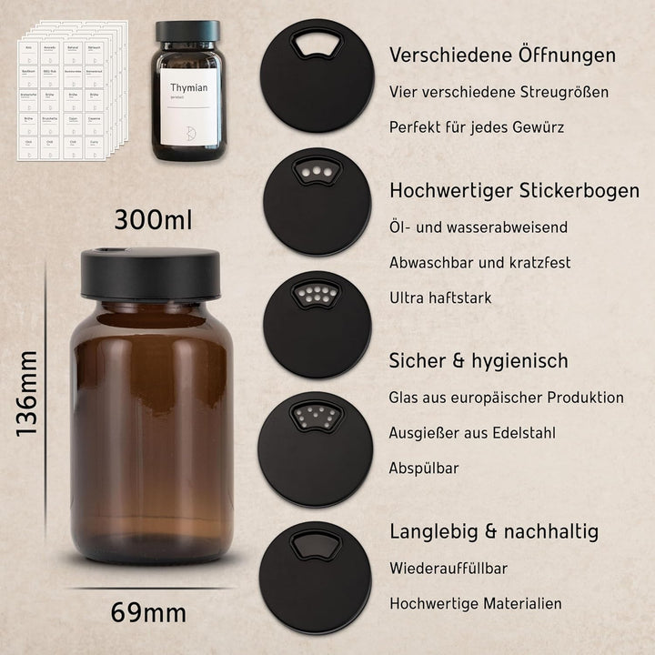 3 Stück Gewürzgläser – Premium Gewürzglas aus Braunglas | Gewürzstreuer Set | Gewürzdosen mit Deckel