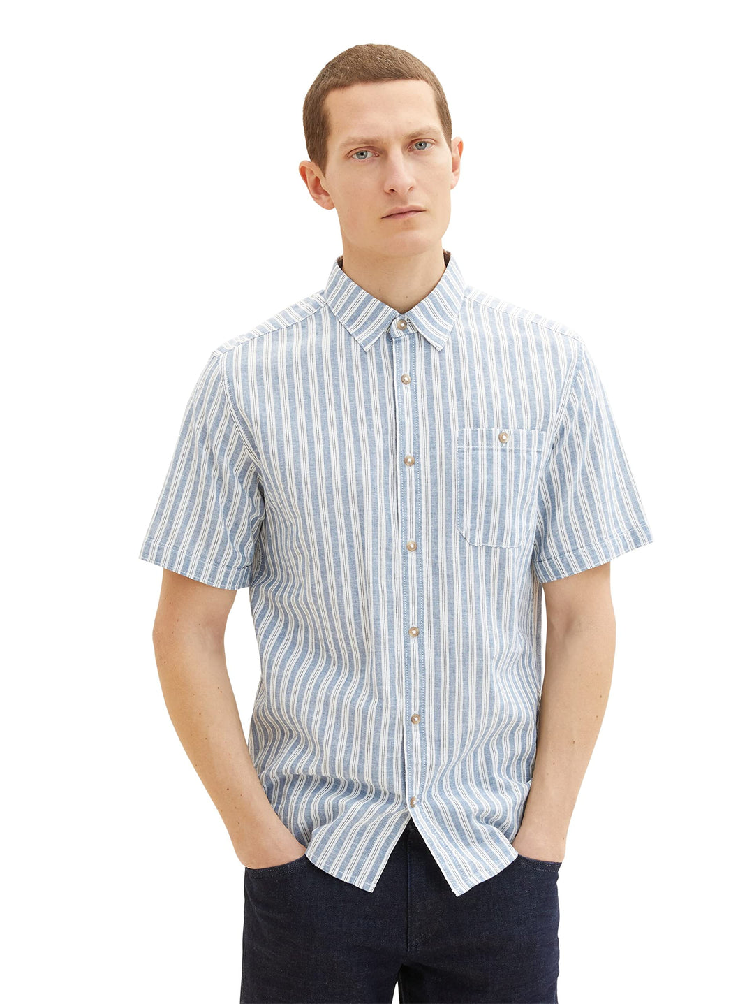 TOM TAILOR Herren Kurzarm-Hemd aus Leinen M 31243 - Blue Navy White Stripe, M 31243 - Blue Navy Whit