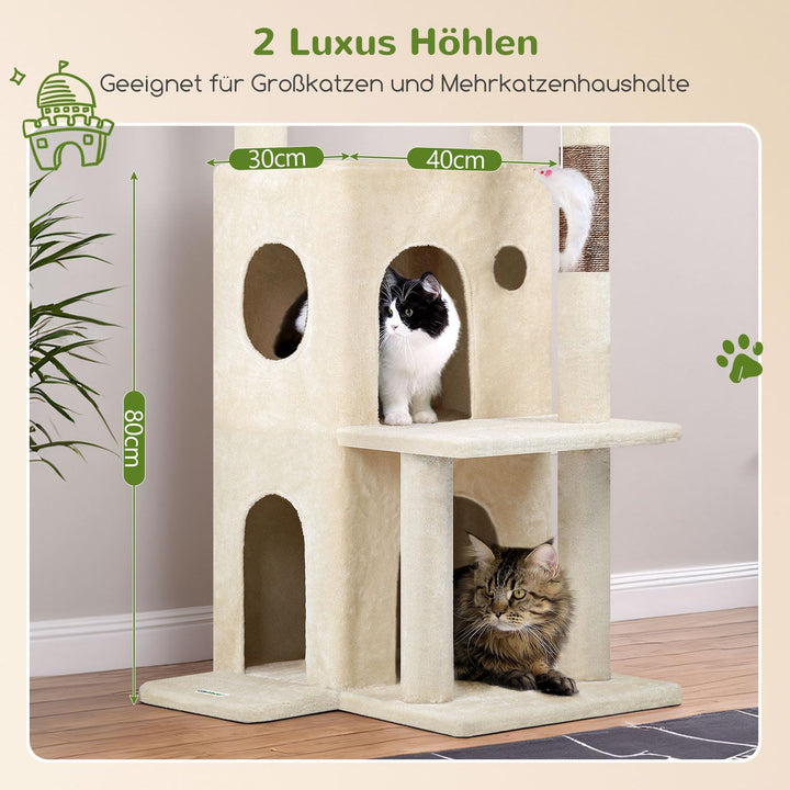 Globlazer Kratzbaum Beige Stabil mit Grosse Basis Katzenhaus Gepolsterte Plattform Plüsch Katzenspie