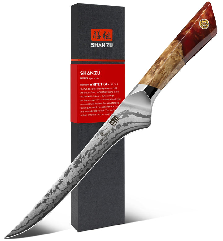 SHAN ZU Damast Filetiermesser, Japanisches Ausbeinmesser aus SG2-Pulverstahl, Handgeschmiedetes 18cm