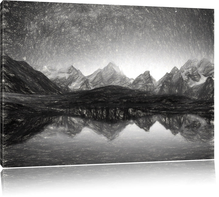Pixxprint Sternenhimmel über dem Gebirge / 100x70cm Leinwandbild bespannt auf Holzrahmen/Wandbild Ku