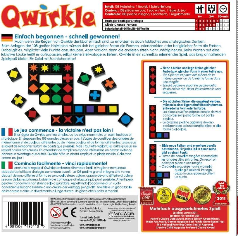 Schmidt Spiele 49311 Qwirkle, Spiel des Jahres 2011, Familienspiel, FFP Artikel Standard Packaging,
