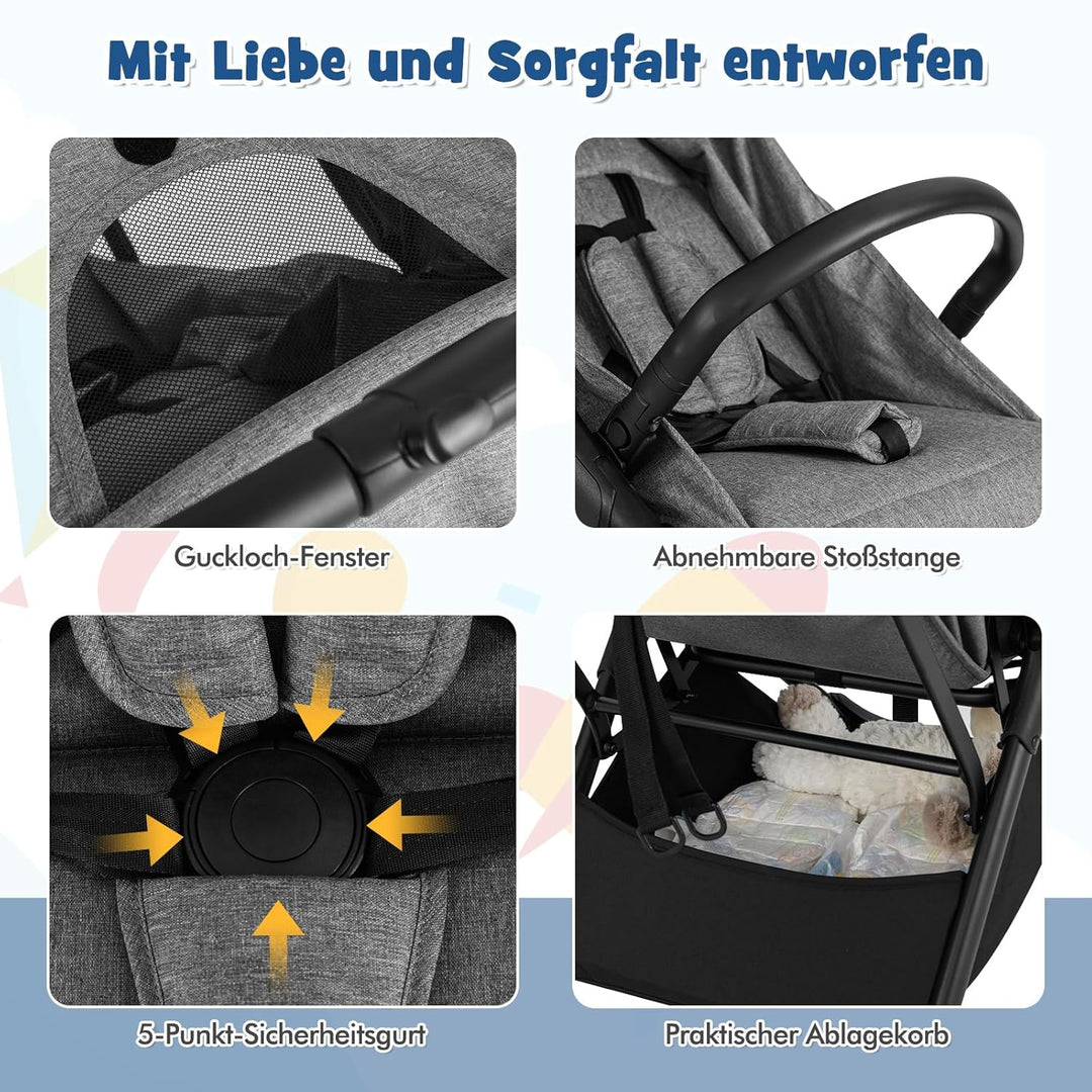 COSTWAY Kinderwagen klappbar, Reisebuggy mit Liegefunktion, Kinderbuggy tragbar mit verstellbarer Rü