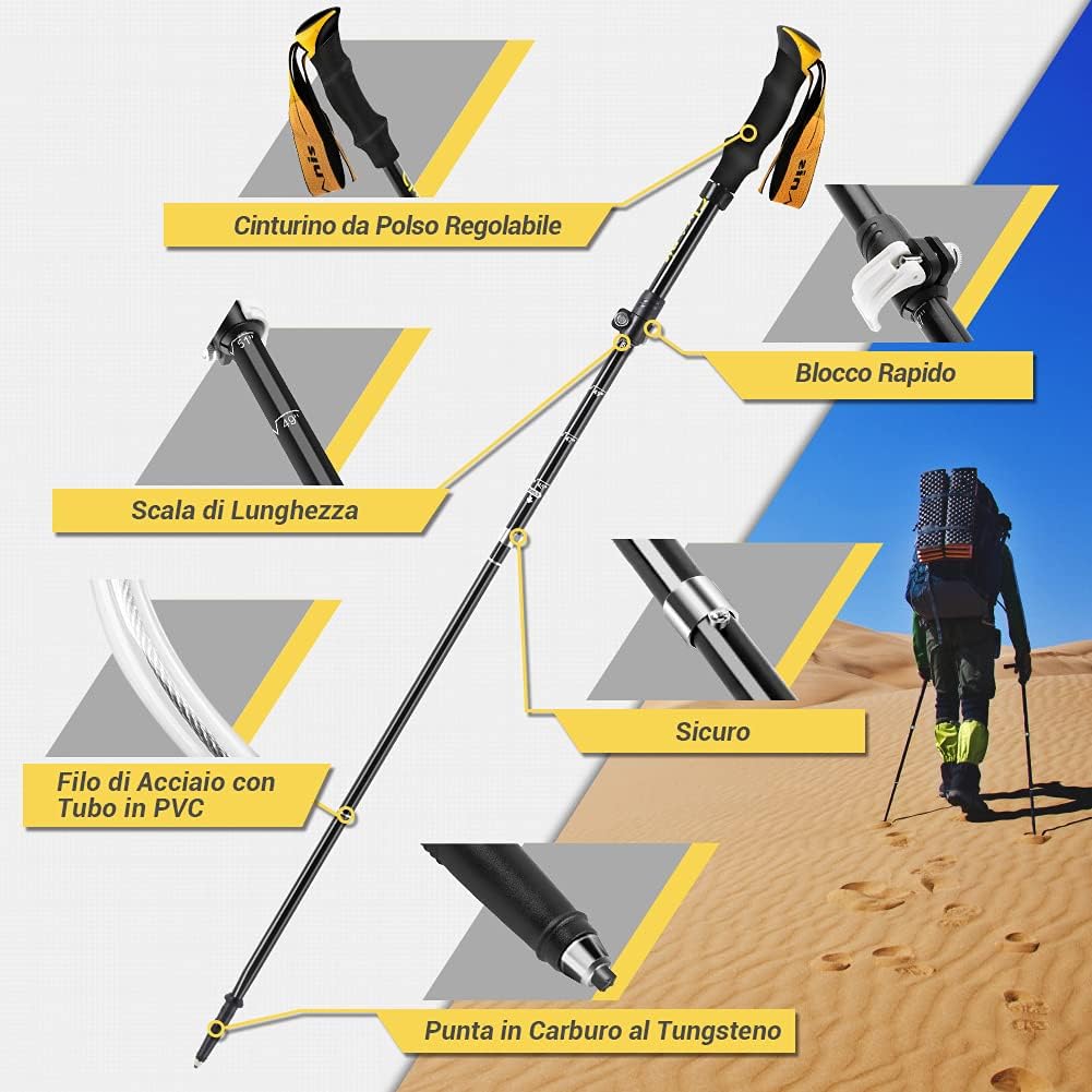 Glymnis, Trekkingstöcke, faltbar und stossfest, 110 - 130 cm, 5 Abschnitte aus Aluminium (7075), Gri