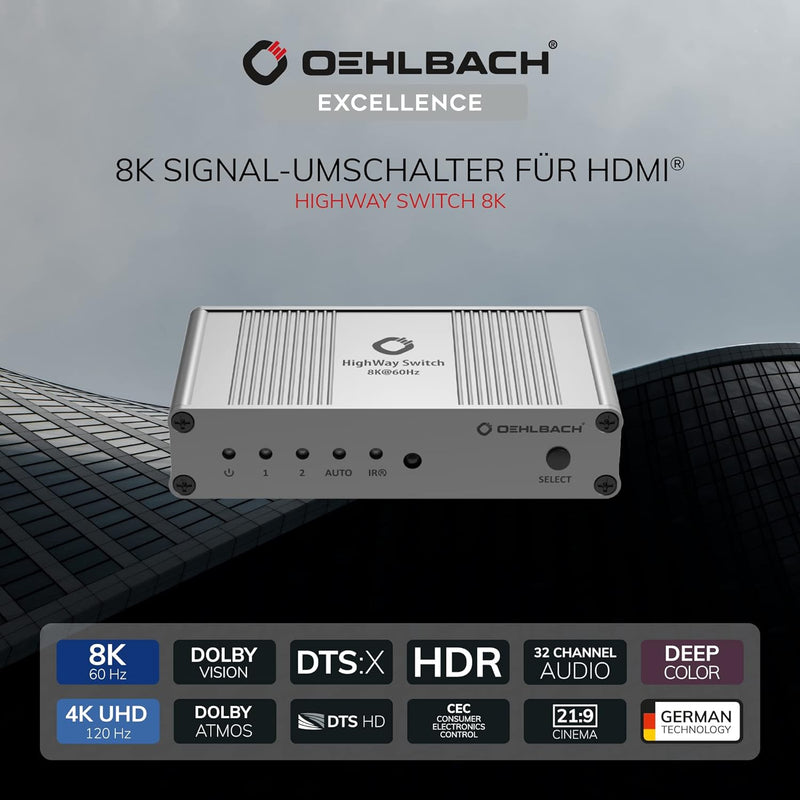 OEHLBACH Highway Switch 8K - HDMI 2.1 Umschalter - 2 In 1 Out HDMI-Adapter mit Fernbedienung (4K 120