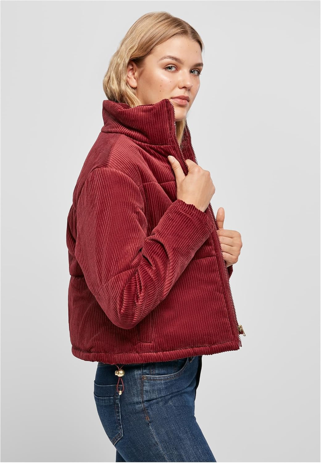 Urban Classics Damen Winterjacke Kordjacke Corduroy Puffer Jacket mit Stehkragen, kurz geschnitten,