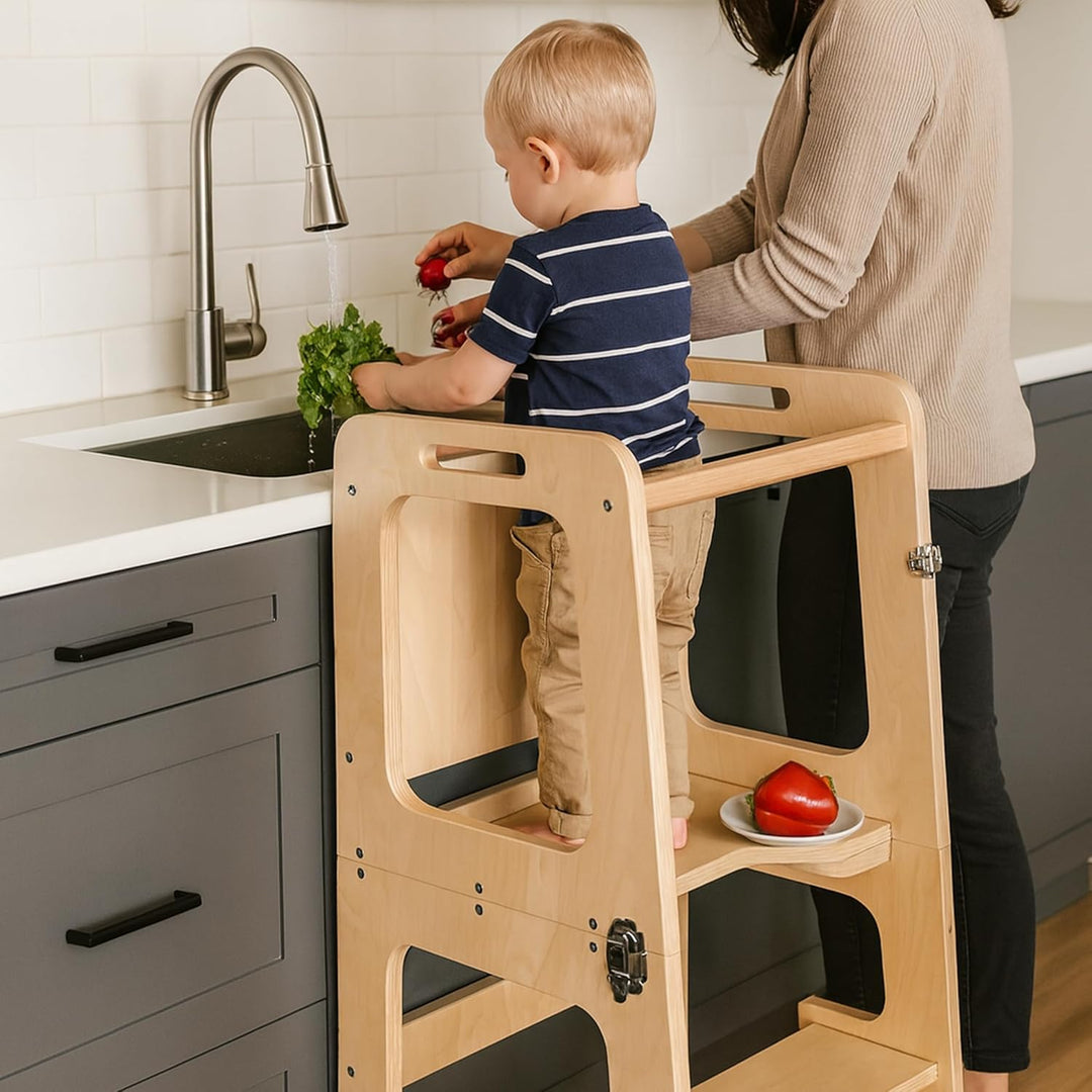 Lemodo 3in1 Lernturm aus Birkenholz Natur – Montessori Lernturm mit Maltafel, umbaubar zu Tisch &amp; St