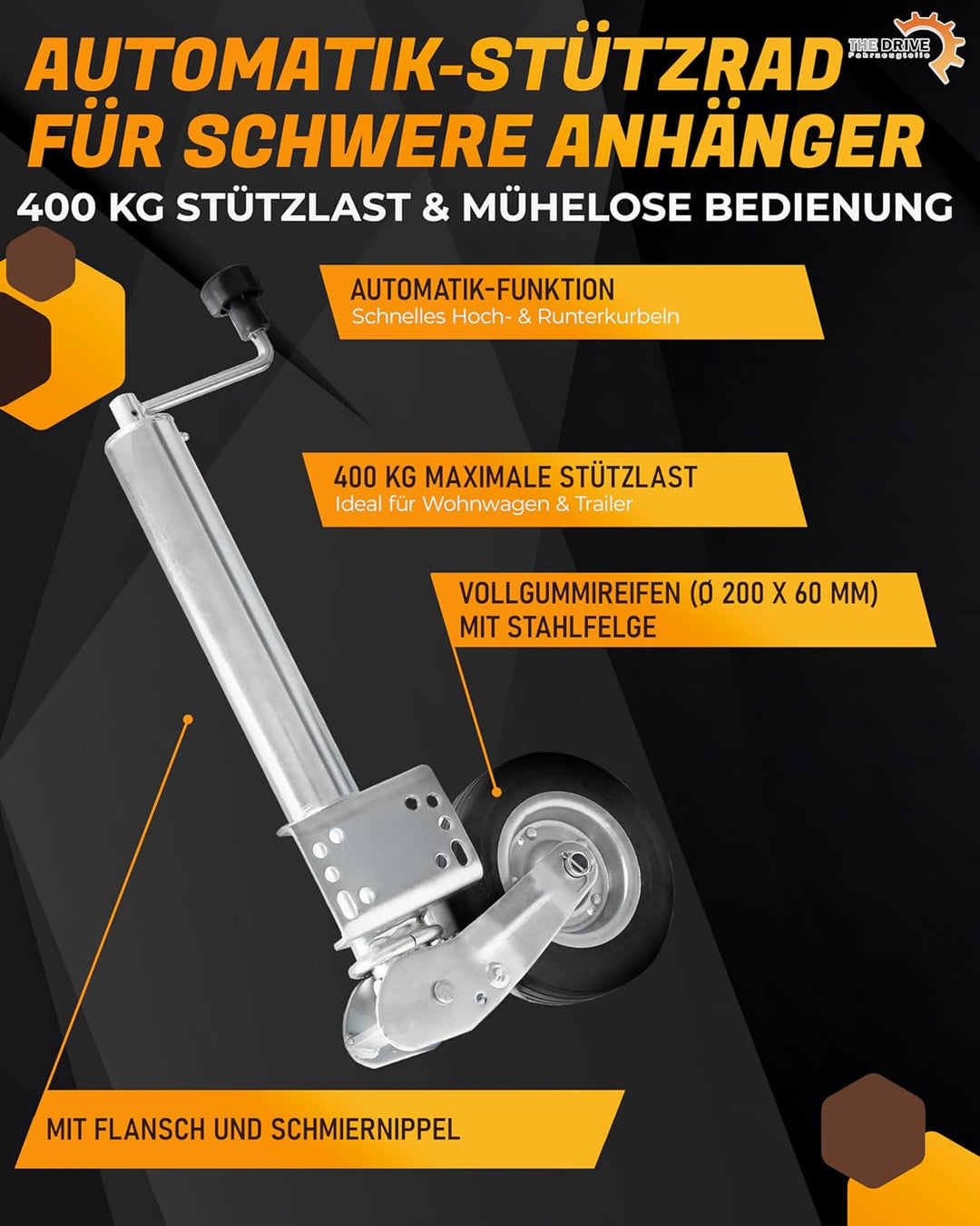 The Drive | Anhänger Stützrad 400KG | vollautomatik | Ø 60mm Rohr mit Anbauflansch | perfekt für Anh