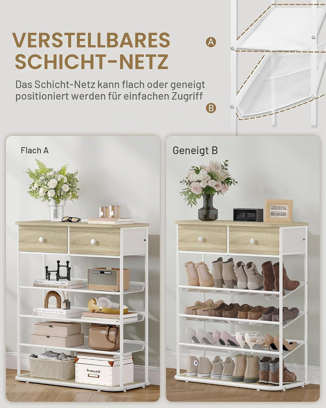 Hzuaneri Schuhregal, Schuhablage mit 5 Ebenen, Schuhregal Gross mit 2 Stoffschubladen, 3 Gittern, Ve