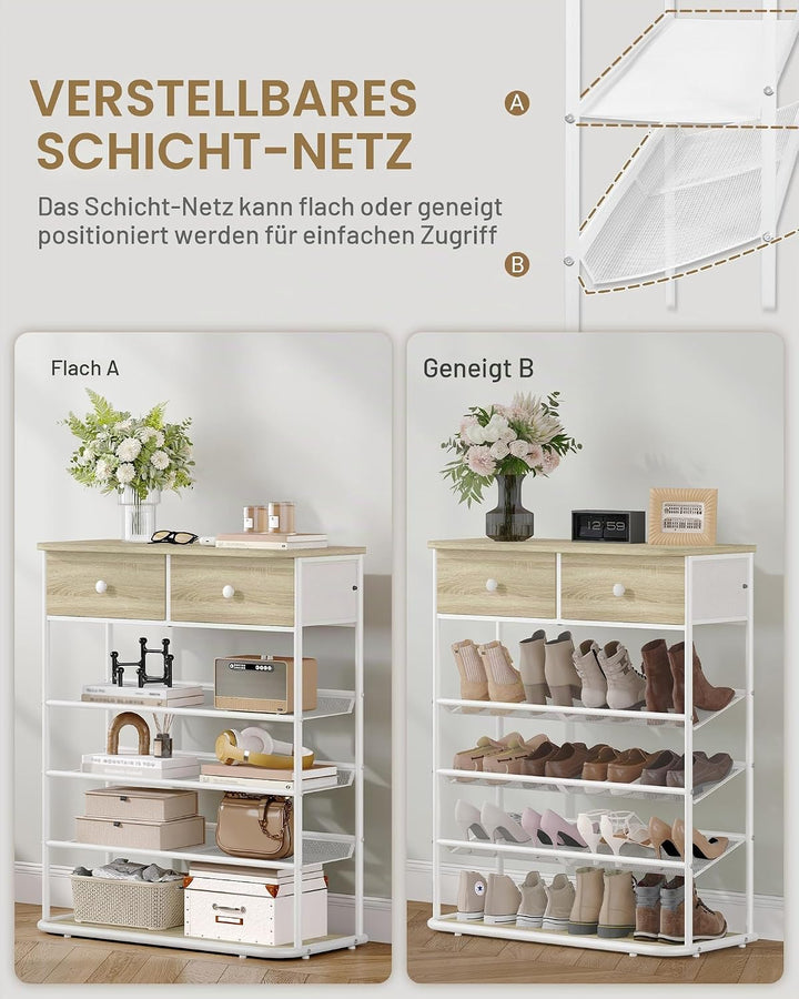 Hzuaneri Schuhregal, Schuhablage mit 5 Ebenen, Schuhregal Gross mit 2 Stoffschubladen, 3 Gittern, Ve