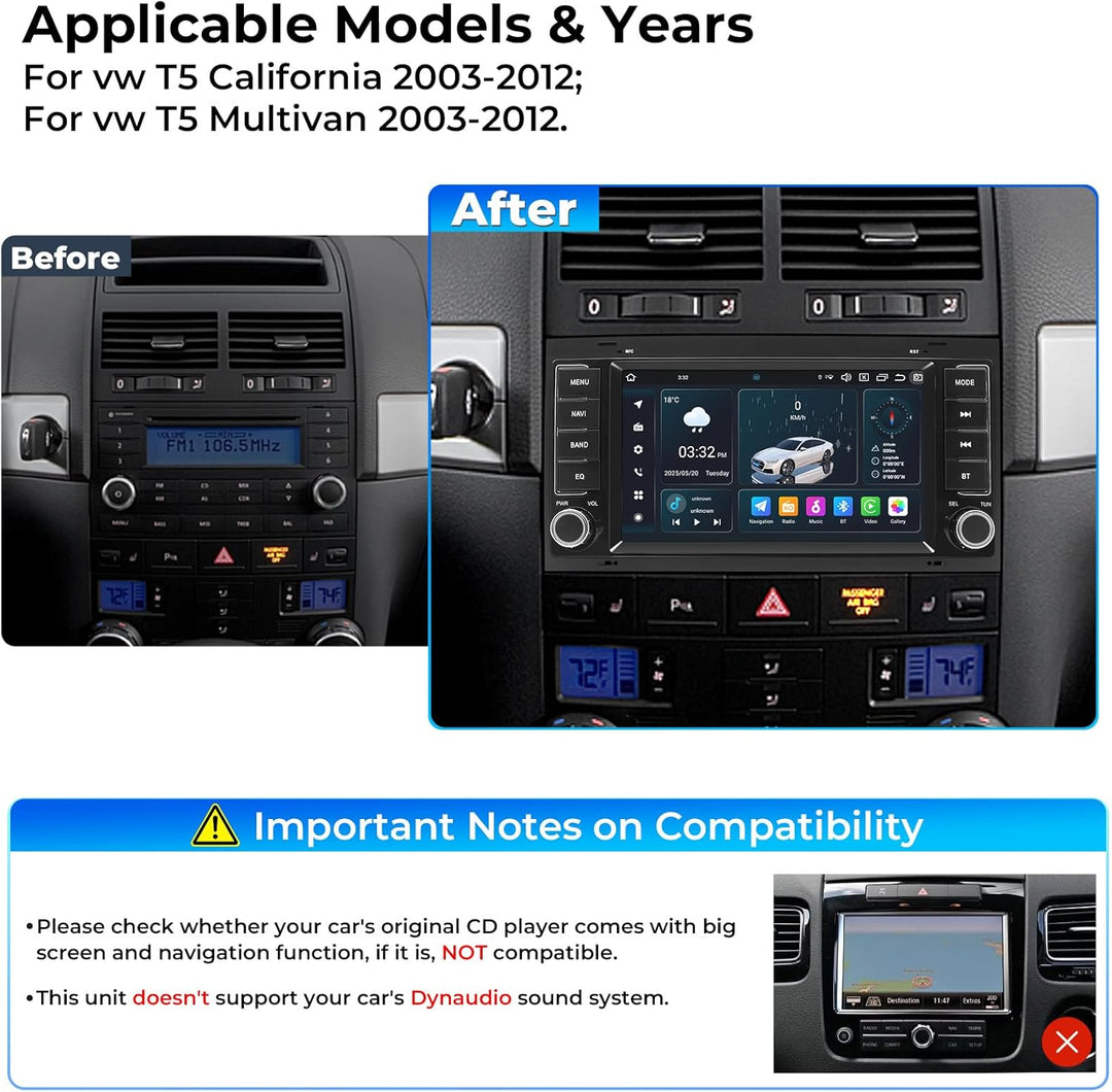 8-Core Autoradio für vw T5 California/Multivan 2003-2012, 7-Zoll Radio Stereo 4G+64G Head Unit mit W