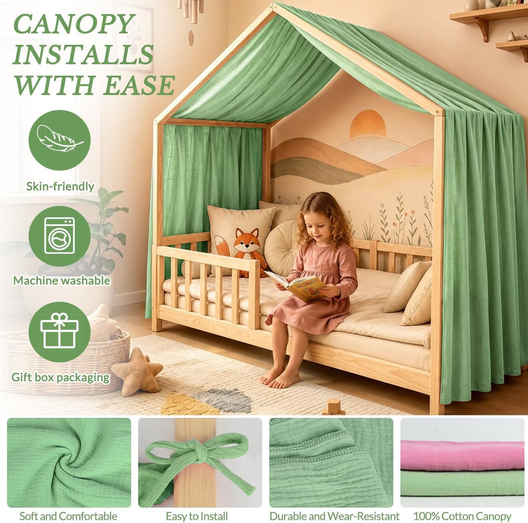 Hausbett Himmel für Kinder, 100% Baumwolle mit Bindegurt und Geschenkbox | Betthimmel Rosa oder Grün