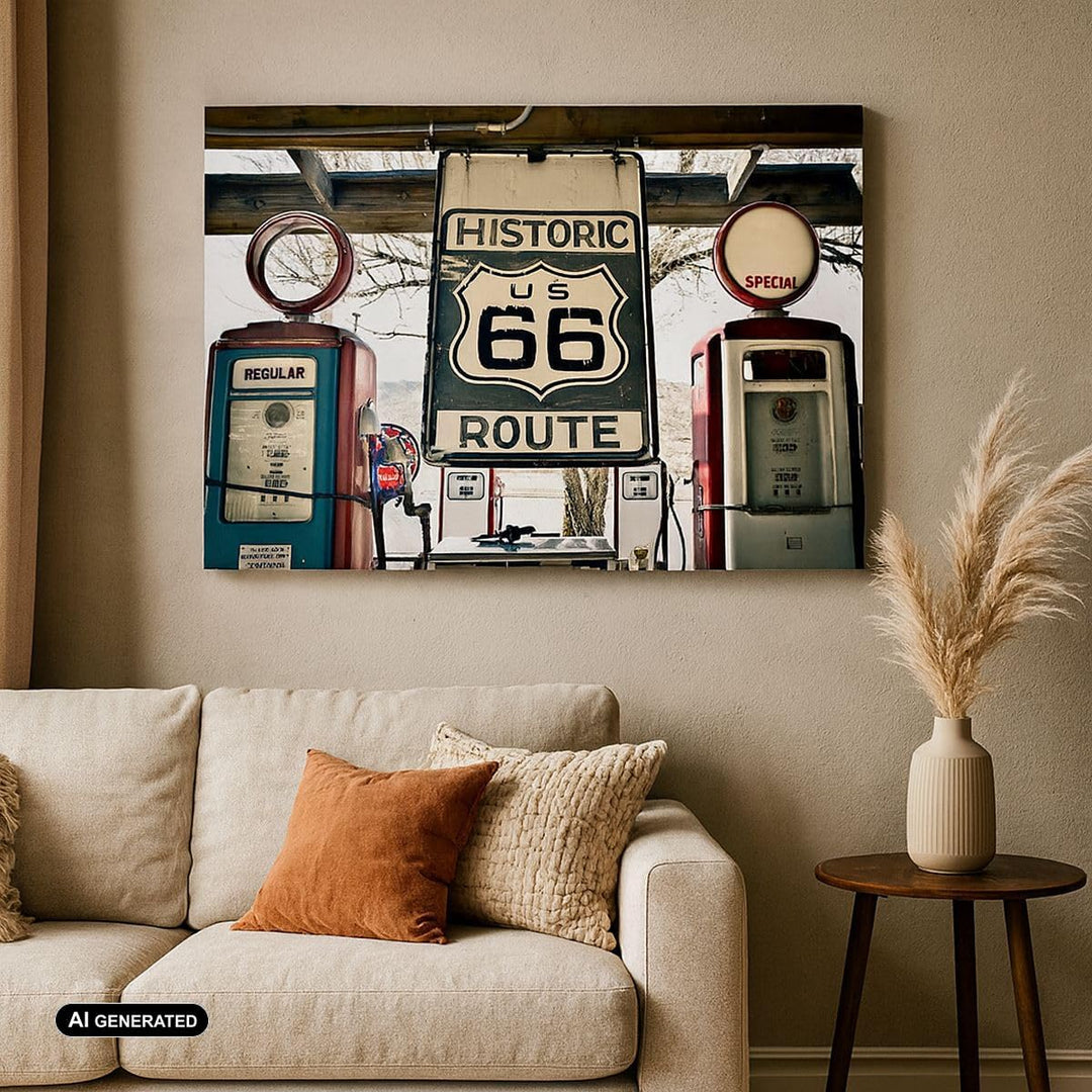 Bilder auf Leinwand 100x70cm Leinwandbild mit Rahmen Strasse alt 66 USA Gross Wanddeko Bild Schlafzi