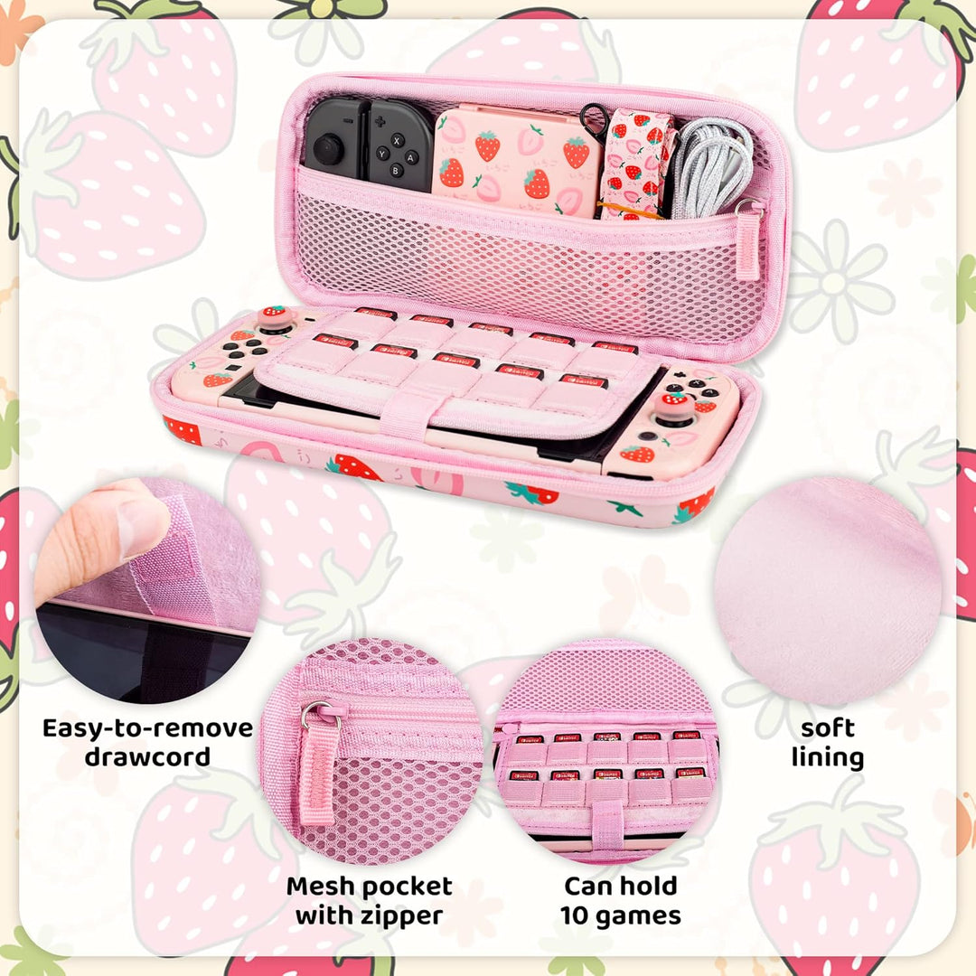 RHOTALL Strawberry Carrying Case Set for Nintendo Switch OLED, Portable Travel Case for Switch Acces