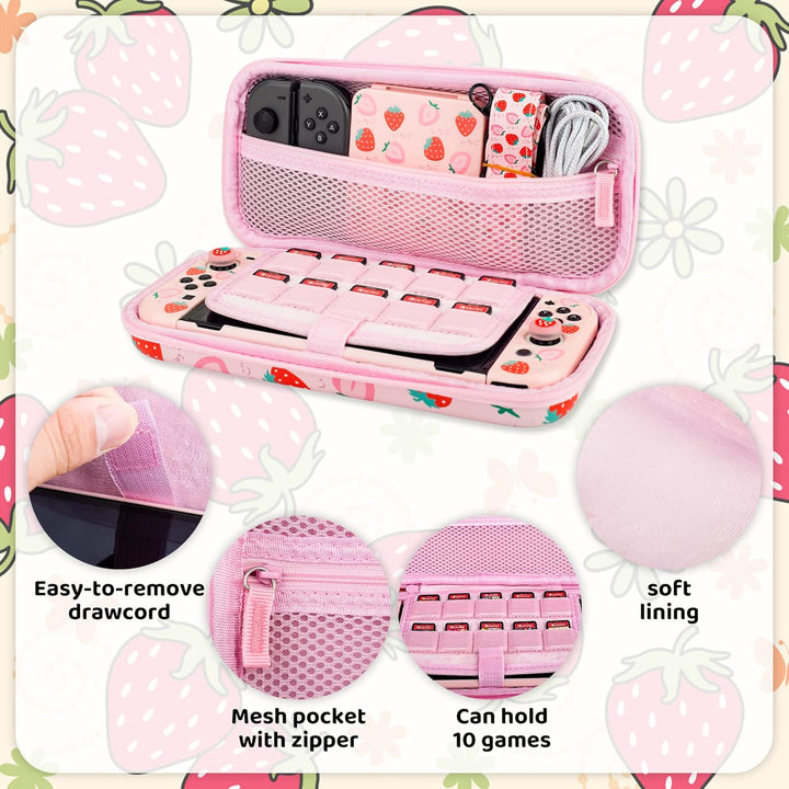RHOTALL Strawberry Carrying Case Set for Nintendo Switch OLED, Portable Travel Case for Switch Acces