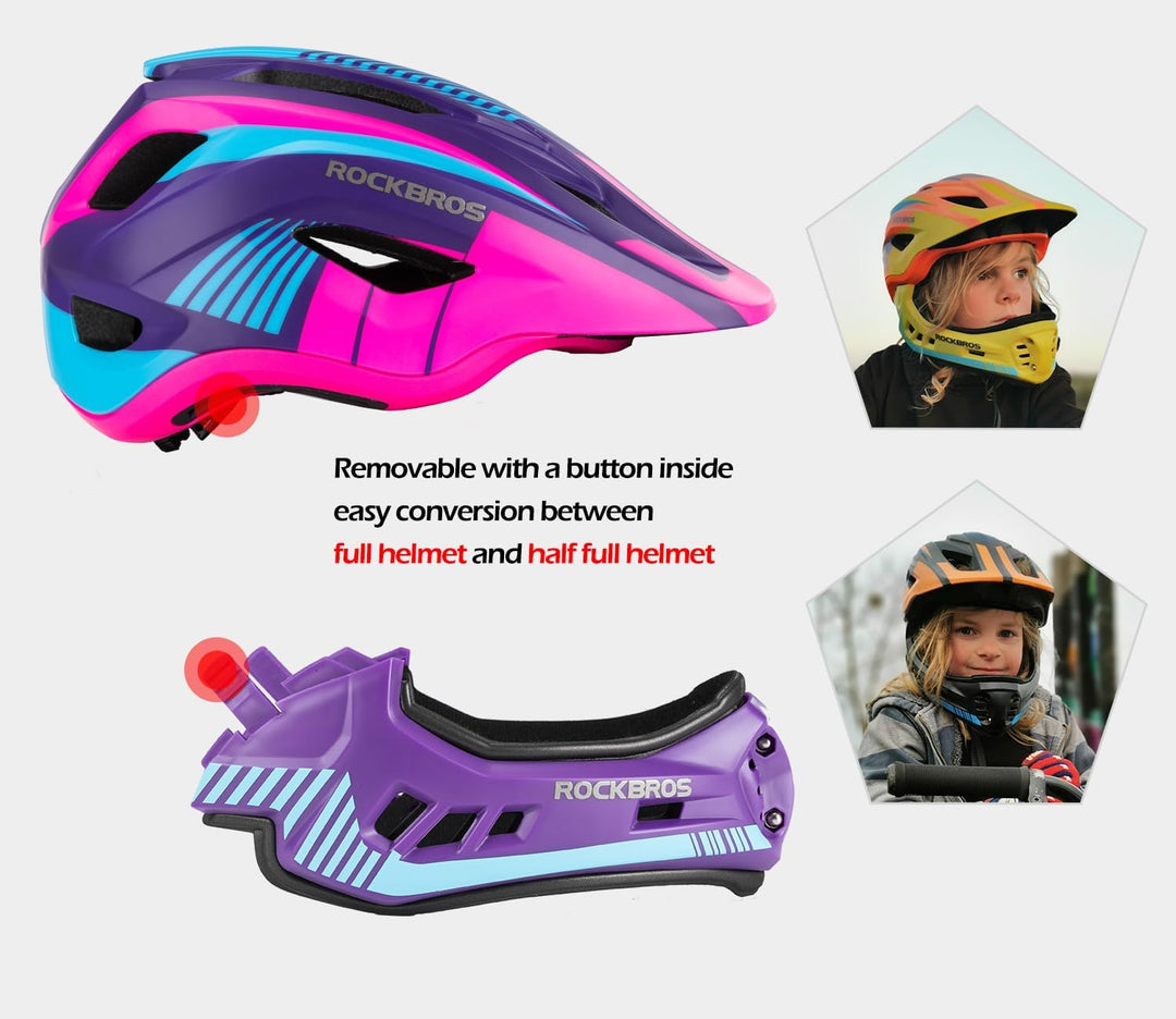 ROCKBROS Kinderhelm Integriert Fahrradhelm Kinder Jugend Fullface Helm mit Abnehmbarem Kinnschutz BM