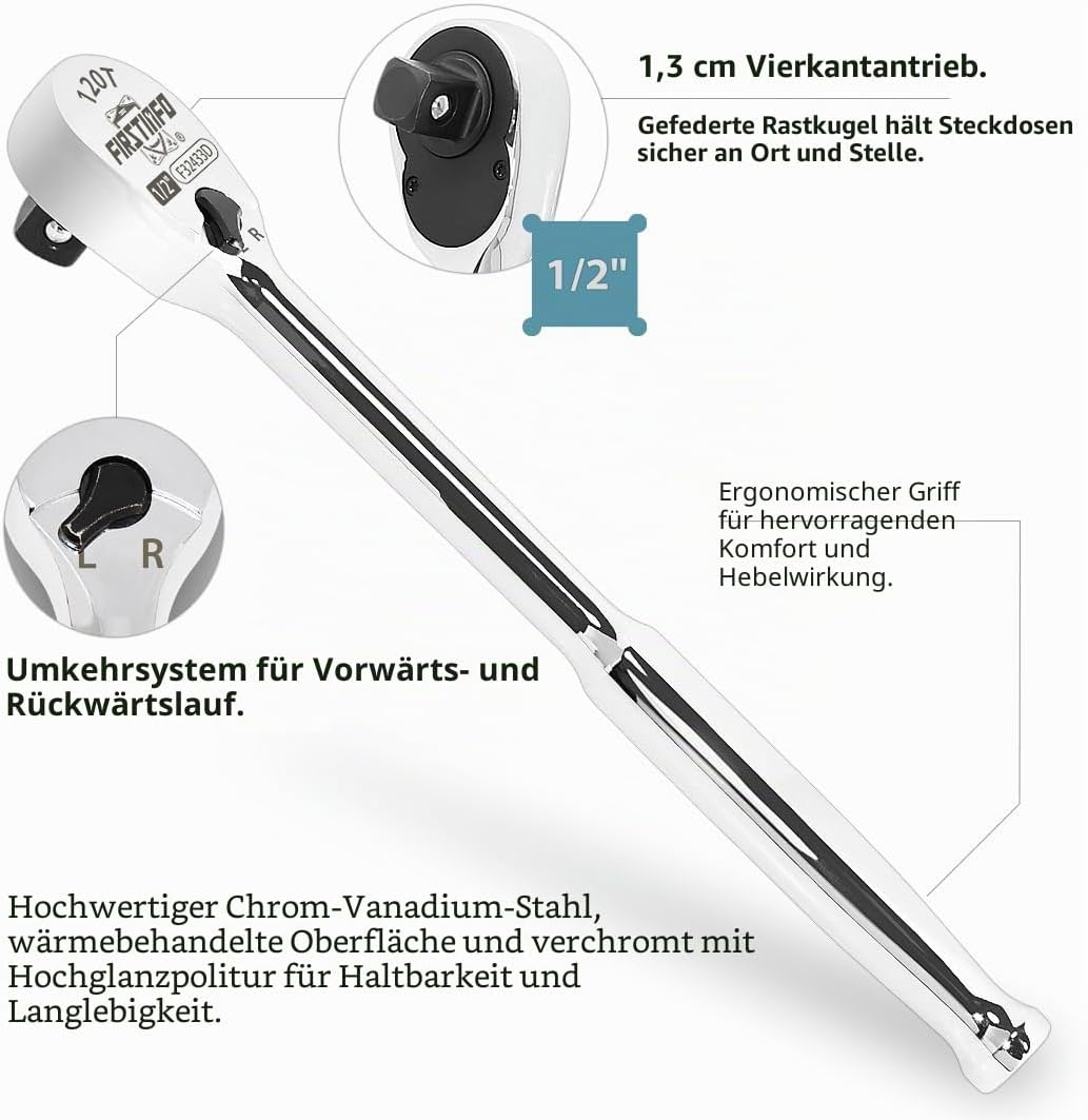 FIRSTINFO F32433D Ratsche 1/2″(12.7 mm) – versiegelter Kopf mit 120 Zähnen | kompakter umkehrbarer K