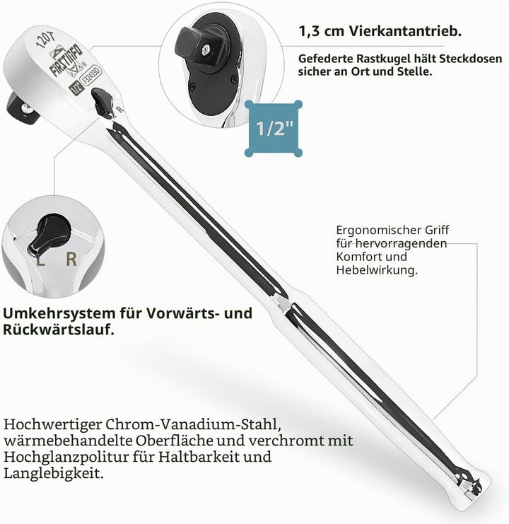FIRSTINFO F32433D Ratsche 1/2″(12.7 mm) – versiegelter Kopf mit 120 Zähnen | kompakter umkehrbarer K