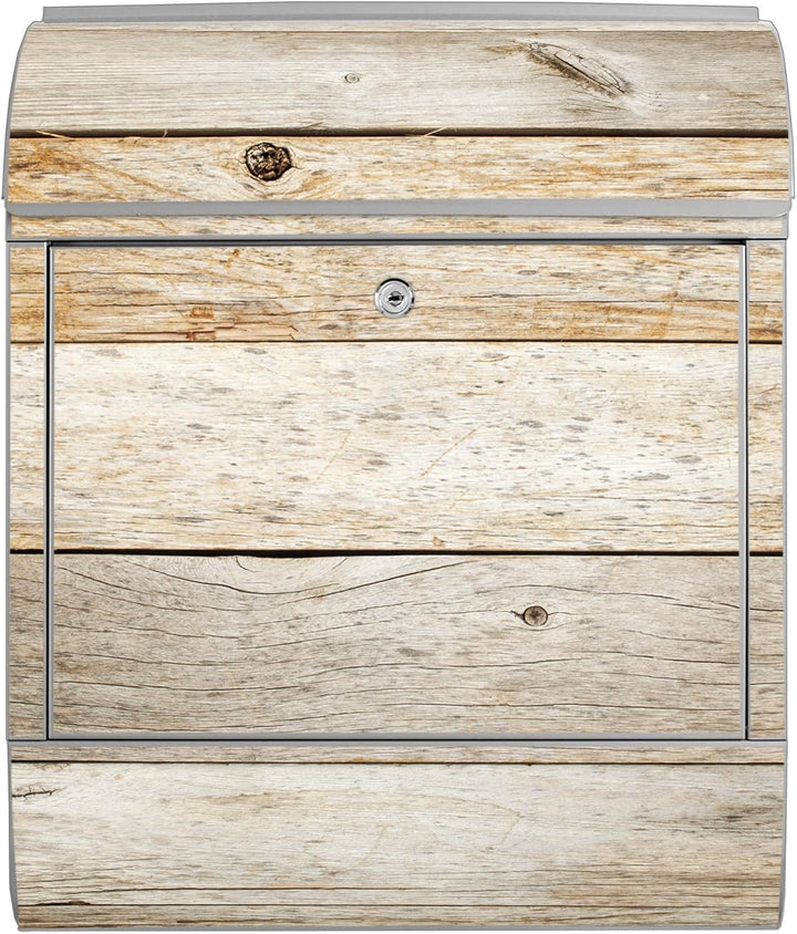banjado® Design Briefkasten mit Motiv Graues Holz 39x47x14cm &amp; 2 Schlüssel - Briefkasten Stahl Silbe