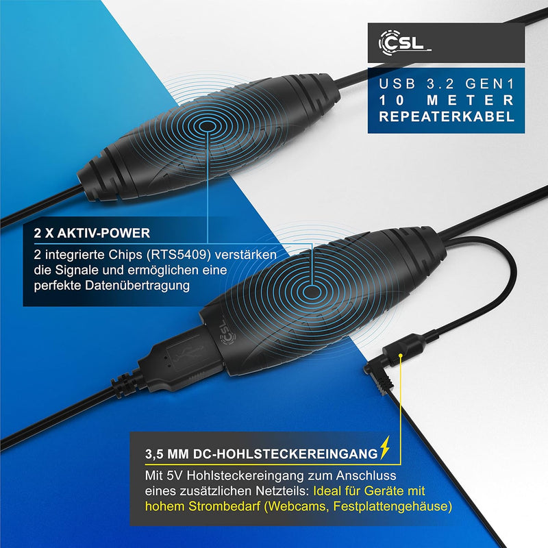 CSL - 10m USB 3.2 Repeaterkabel Verlängerungskabel aktiv - 10 Meter - USB 3.2 Gen1 - Repeater Verlän