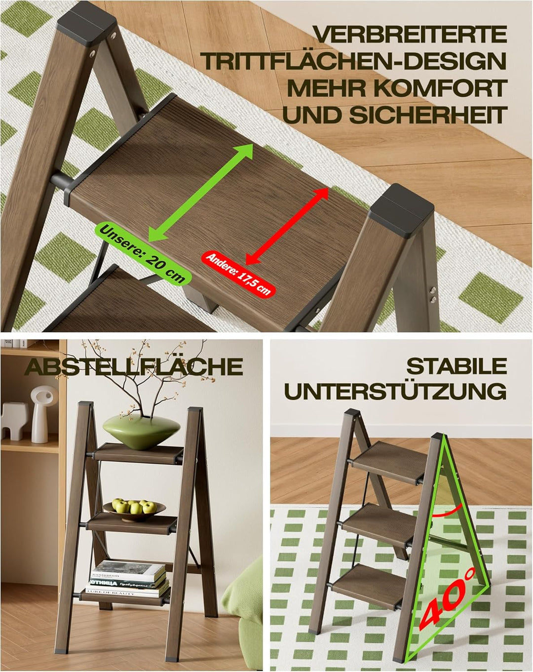 Trittleiter 3 Stufen klappbar,Tritthocker aus Aluminium | 150 kg Tragfähigkeit,Leiter mit rutschfest