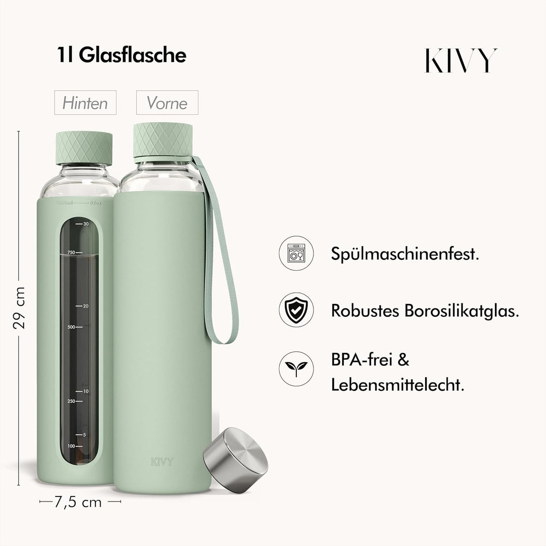 KIVY Glas Trinkflasche 1l mit Silikonschutz [KOHLENSÄURE GEEIGNET] Glasflasche 1 Liter - Wasserflasc