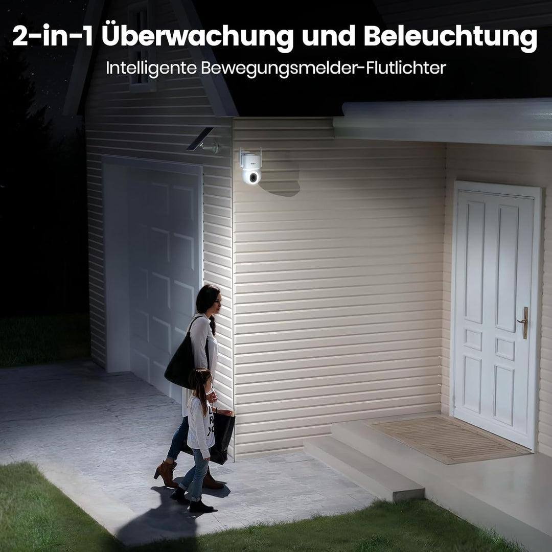 aosu 3K 5MP Überwachungskamera Aussen Solar Akku, 360° PTZ, 2-in-1 Überwachung und Beleuchtung, AI-E