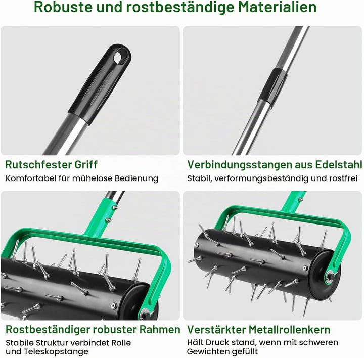 Rasenlüfter Walze Manuell 38 x 180 cm, Rasenrolle mit 4cm Nägeln &amp; Verstellbarem Stiel, Rollender Ra