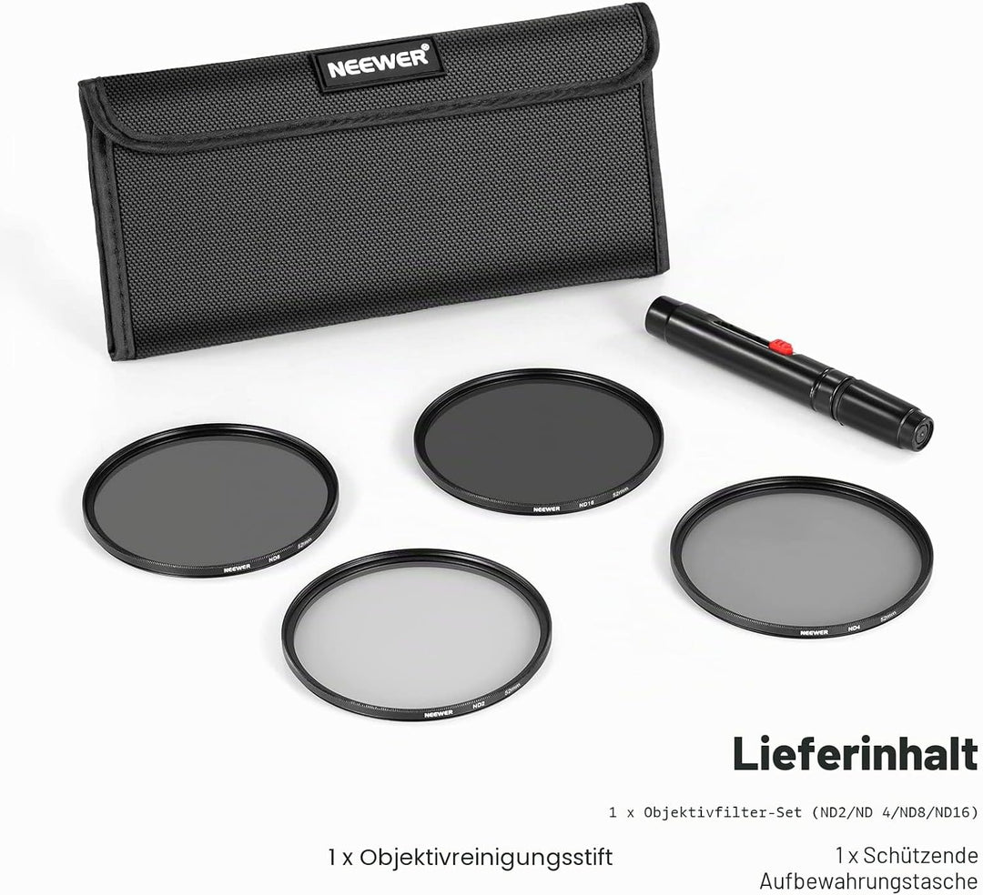 NEEWER 52mm ND Filter Set ND2 ND4 ND8 ND16, Objektivreinigungsstift, Filterbeutel, Graufilter Set, k